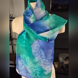 Hand Painted Sidned "Barbara"? Ocen Blue and Green Silk Long  Scarf